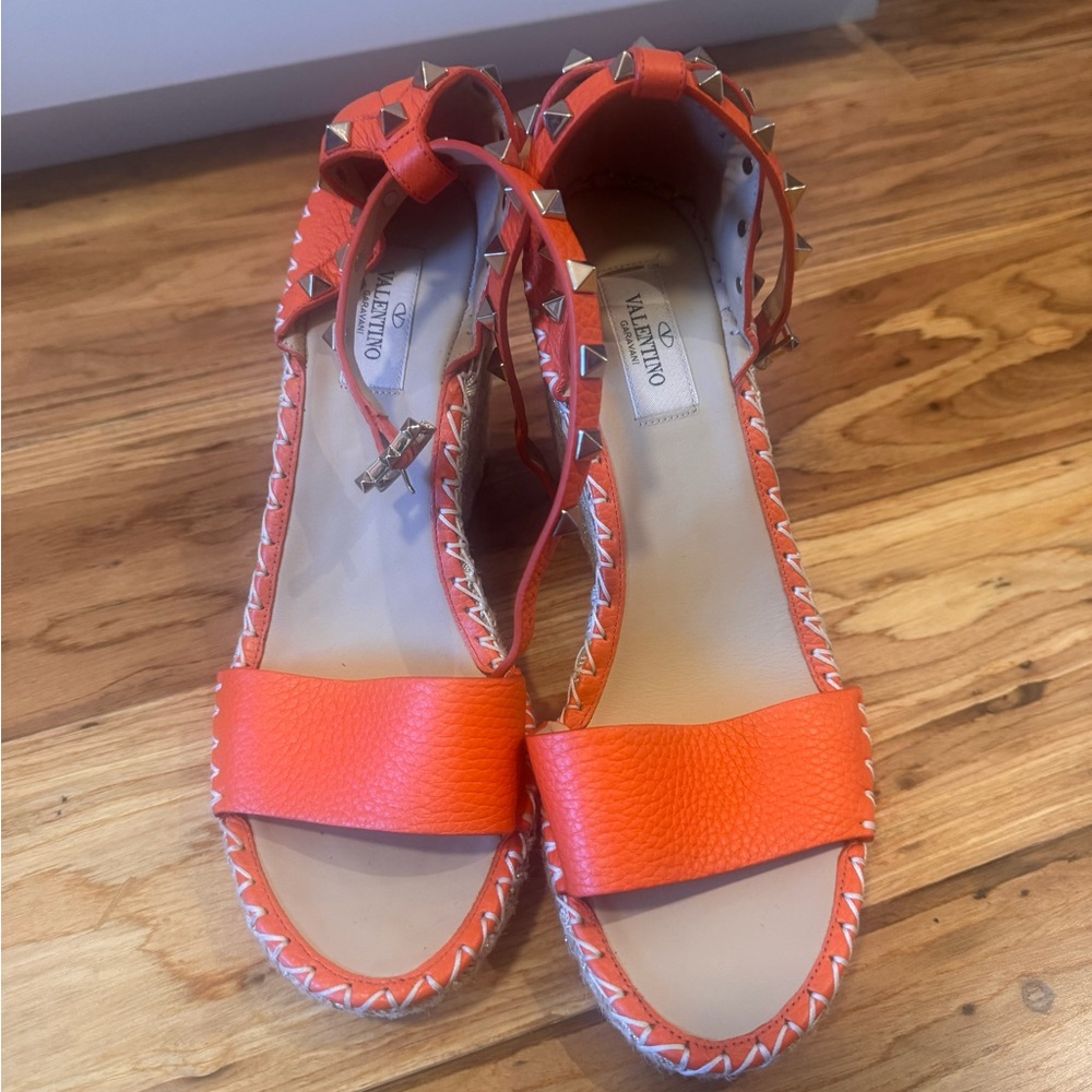 Valentino Garavani Orange Rockstud  Leather Ankle-Strap Sandals